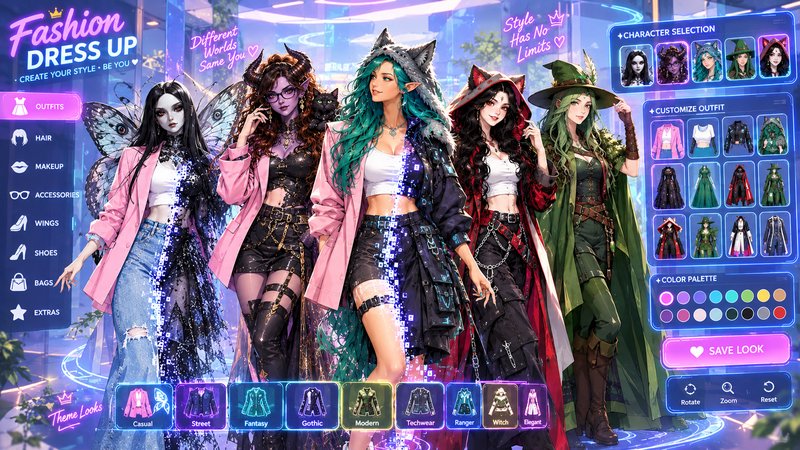 Fashion dress up game UI showing 5 customizable fantasy anime characters with outfit selection menus