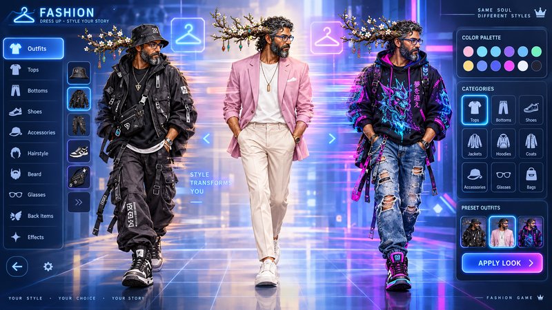 Futuristic fashion game UI showing 3 unique outfit styles for the same male character with flower...