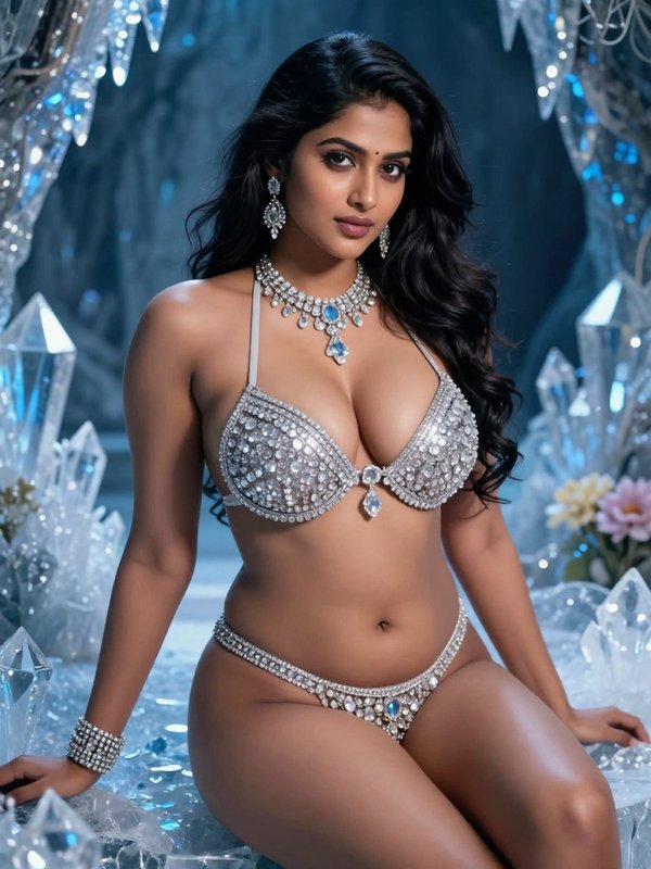 Glamorous South Asian woman in crystal-encrusted lingerie sits in an icy cave surrounded by glowi...