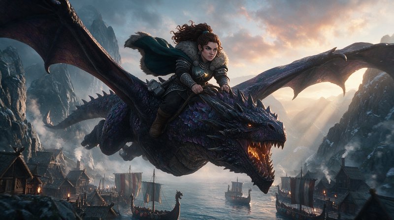 Armored viking shieldmaiden rides a spiked dark purple dragon soaring over a misty fjord village at golden sunrise