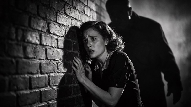 Terrified woman pressed against a brick wall as a shadowy menacing figure looms behind her.