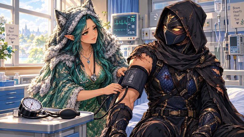 Cat-eared elven healer takes the blood pressure of an injured hooded fantasy warrior in a sunlit hospital room