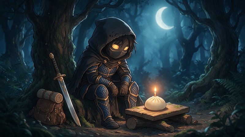 Chibi hooded fantasy rogue sits at a moonlit forest campsite with a candlelit dumpling meal