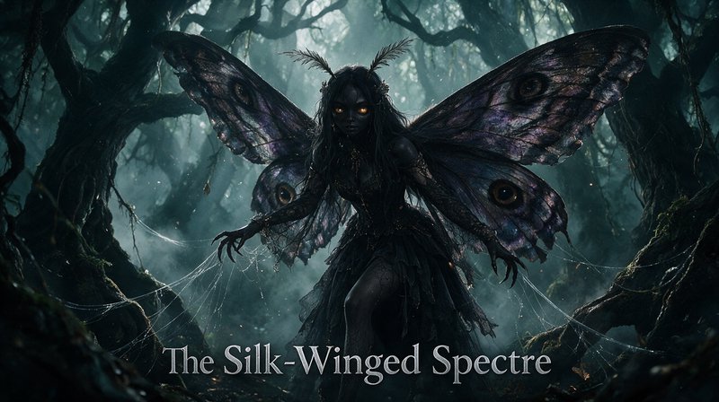 Dark moth fae with glowing golden eyes stands in a misty twisted haunted forest labeled The Silk-Winged Spectre