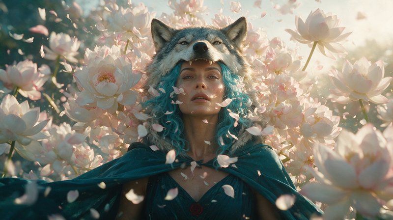 Woman with turquoise hair and wolf headdress stands amid drifting pink lotus blossoms