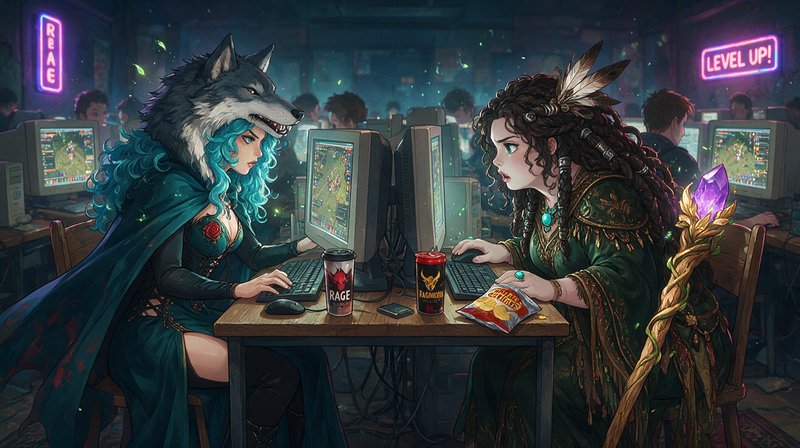 Two fantasy RPG characters compete head-to-head at a retro CRT gaming LAN party