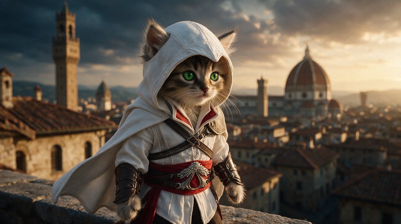 Fluffy tabby kitten in an assassin hooded costume stands on a Florence rooftop at golden sunset