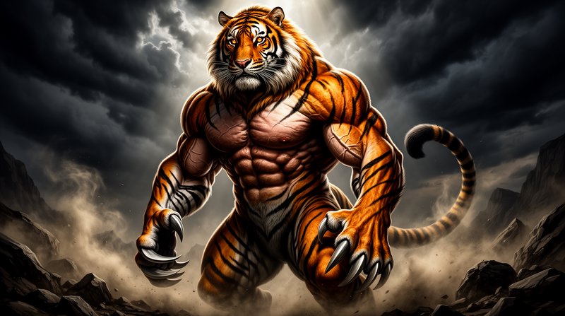 a powerful fusion of a massive, muscular man and a fierce tiger, combining the man's sculpted physique with the tiger's majestic mane, sharp claws, and piercing eyes. The creature should exude raw strength and dominance, with the man's muscular torso seamlessly blending into the tiger’s body, creating a mythic, hybrid warrior-like being.