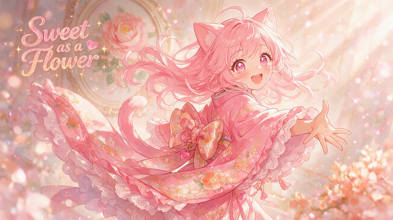 Smiling pink-haired anime cat girl in a floral pink kimono reaches out in a glowing pastel scene