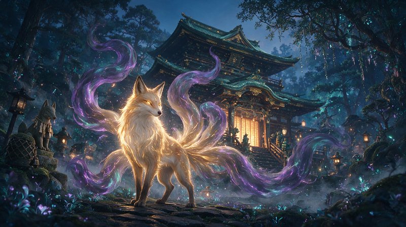 Luminous nine-tailed kitsune standing before an ornate Japanese shrine in a misty twilight forest