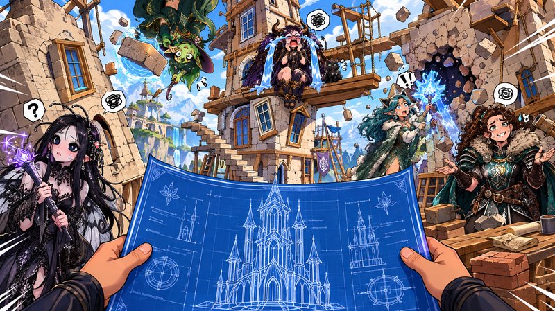 First person view holding a castle blueprint as chaotic fantasy mages accidentally destroy an under-construction stone tower