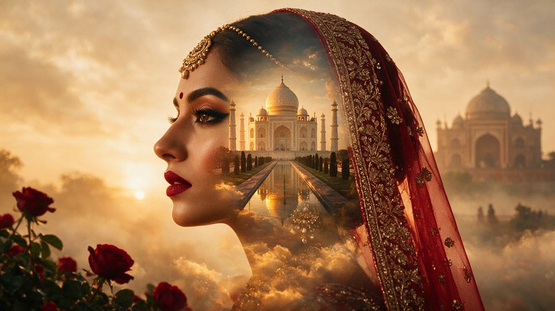Surreal double exposure of Indian bride profile merged with Taj Mahal at golden sunset