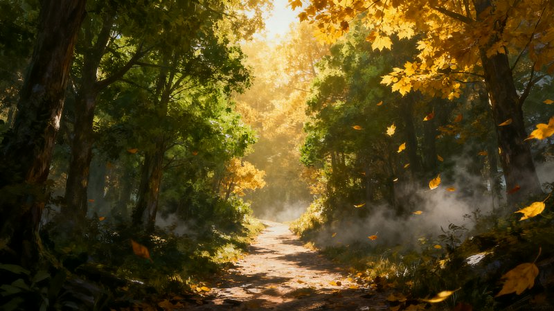 Sunbeams illuminate a winding dirt path through misty autumn forest as golden leaves drift down
