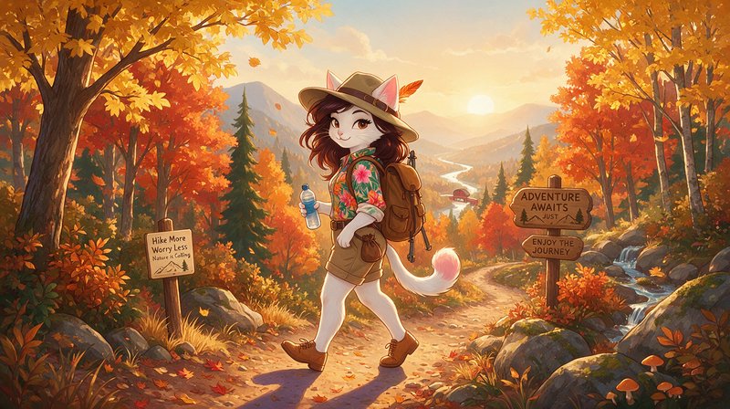 Anthropomorphic cat hiker walking along a sunlit autumn mountain hiking trail at golden sunset