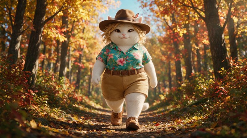 Cute anthropomorphic hiker cat walks along a sunlit leaf-strewn autumn forest path