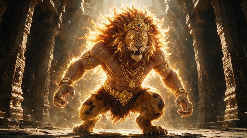 Fierce lion-headed Hindu deity Narasimha glowing with golden light stands guard in an ancient carved stone temple