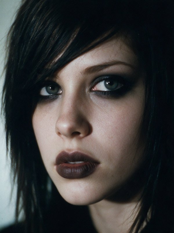 Close-up portrait of a young woman with dark shaggy hair, smoky eyes and dark matte lipstick