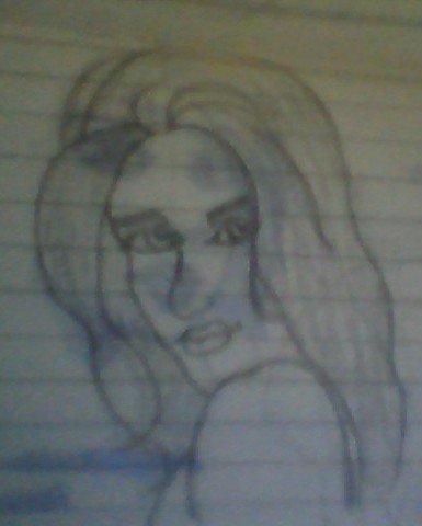 Soft graphite sketch portrait of a pensive woman with long flowing hair drawn on lined notebook p...