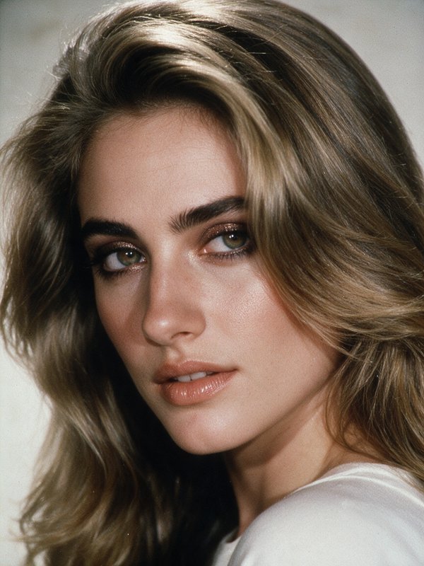 Close-up vintage studio portrait of a woman with highlighted wavy hair and warm neutral makeup looking toward the viewer