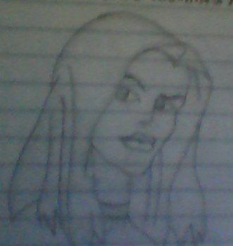 Loose pencil sketch of a smiling girl with long hair resting her cheek on her hand on lined noteb...