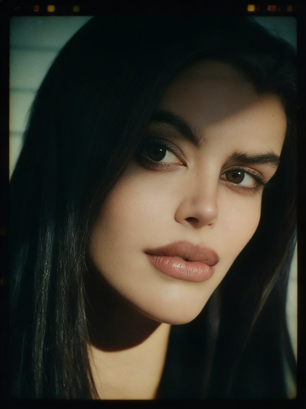 Close-up vintage film portrait of a woman with long dark hair and soft directional lighting