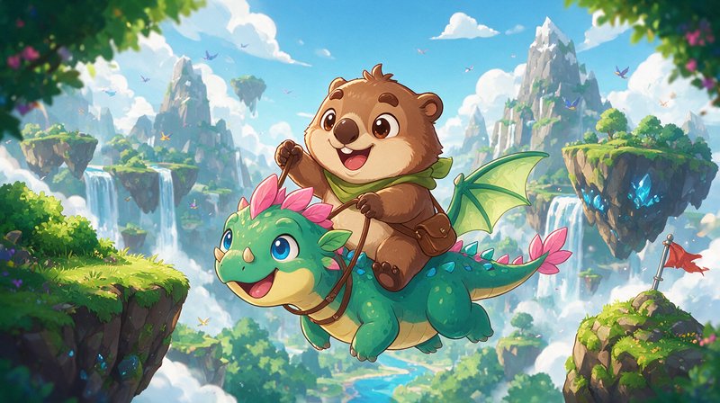 Smiling cartoon beaver rides a cute green dragon over a floating fantasy island landscape