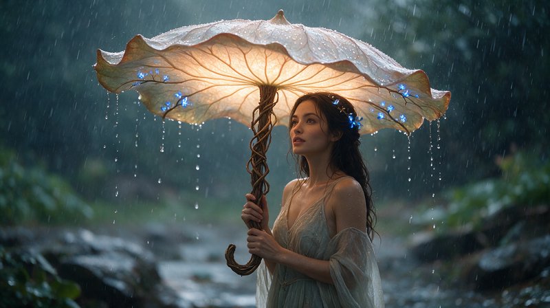 Ethereal elven woman holding a glowing leaf umbrella while standing in a rainy enchanted forest