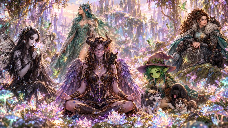 Five fantasy fae and witch characters gather in a glowing crystal-filled enchanted fairy forest