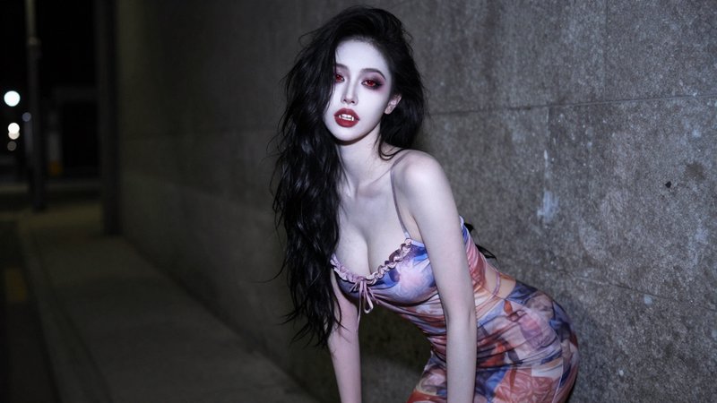 Woman in vampire cosplay with red eyes and fangs leans against a concrete wall at night