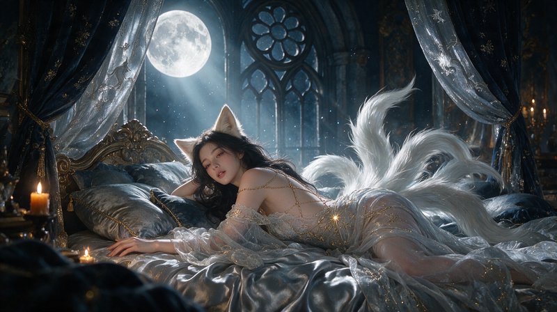 Kitsune fox girl with nine flowing white tails reclining on an ornate bed under a bright full moon