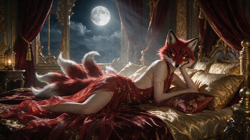 Red nine-tailed kitsune reclines on an ornate gilded bed beneath a glowing full moon