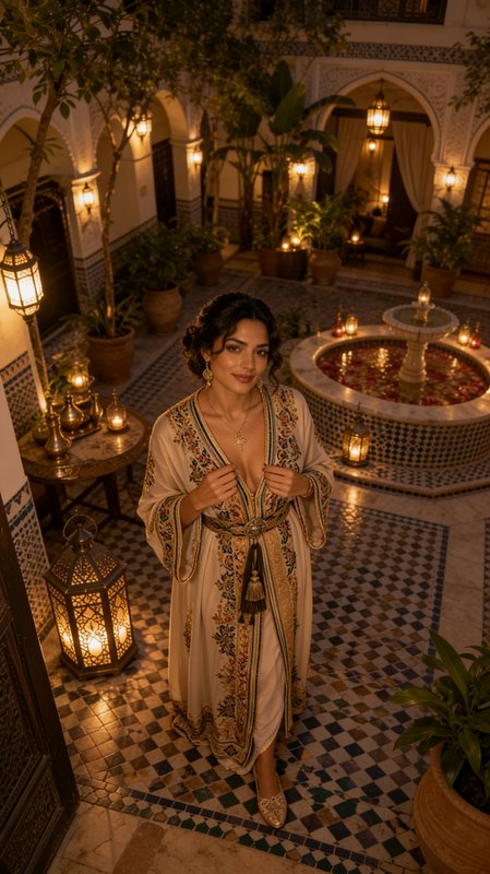 Elegant woman in an embroidered caftan stands in a glowing candlelit Moroccan riad courtyard