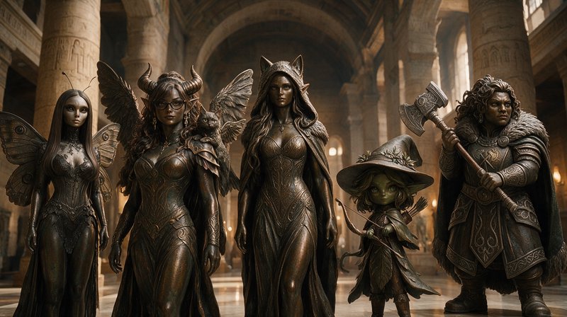 Lineup of bronze fantasy adventurer party statues standing in a grand columned temple