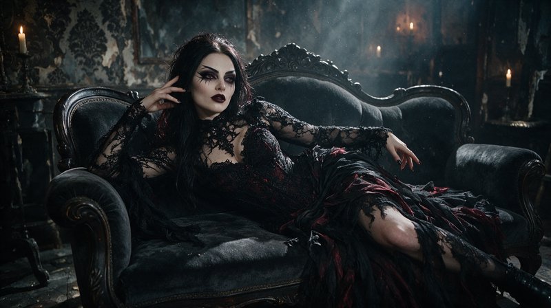 Gothic woman in a tattered lace gown reclines on an ornate dark velvet couch in a candlelit decaying room