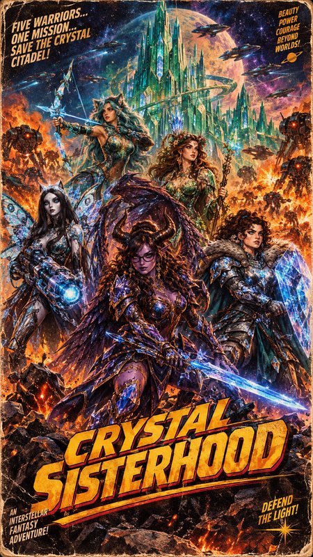 Retro fantasy poster showing five Crystal Sisterhood warriors ready for battle over a burning alien battlefield