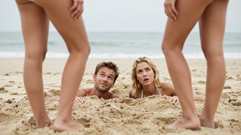 2 men who have been buried in the sand up to their necks with 2 beautiful blonde women (hour glass figure, big hip) in white thong bikinis standing in front of them in foreground, a view of mens faces looking amused but shocked looking up at the women, detailed summer depth of field, long legs, feet