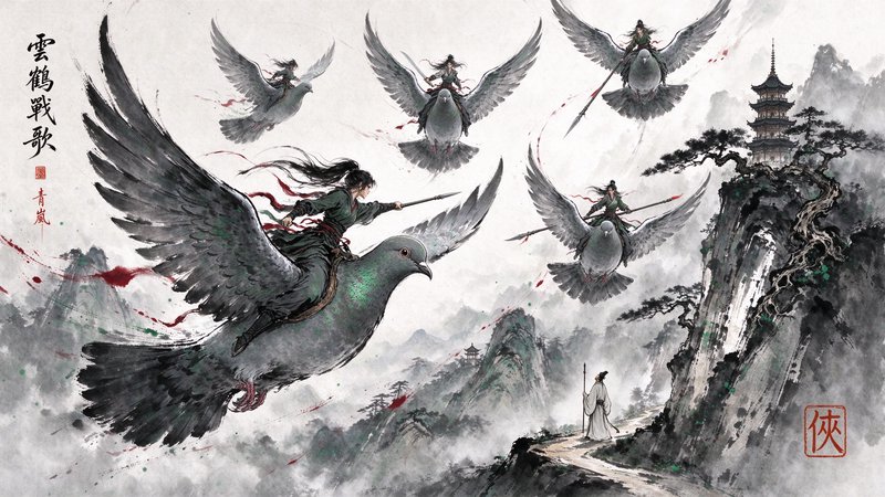 An epic, dynamic action scene in the style of a traditional Chinese ink wash painting with vibrant color splashes. Five fierce female warriors ride individually upon the backs of five massive, colossal pigeons, soaring through a misty mountain sky. The giant pigeons have detailed, iridescent grey and green feathers, dynamic wings spread wide as they dive through the air. In the foggy distance, a lonely multi-tiered pagoda stands on a rocky cliff face, flanked by ancient, gnarled, twisted pine trees clinging to the stone. On a lower mountain path below, a lone robed scholar stands holding a staff, looking up at the sky in awe. The composition features sweeping brushstrokes, charcoal ink gradients, and splashes of deep crimson and emerald. In the corner, a distinct red artist seal stamp (hankko) and elegant vertical calligraphy signature anchor the piece, evoking an ancient masterpiece.