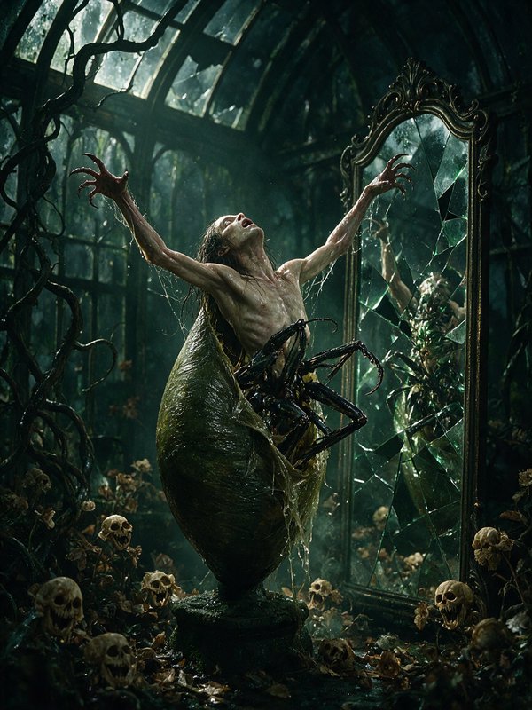 Emaciated humanoid monster emerging from a slimy pod next to a cracked mirror in a dark overgrown greenhouse