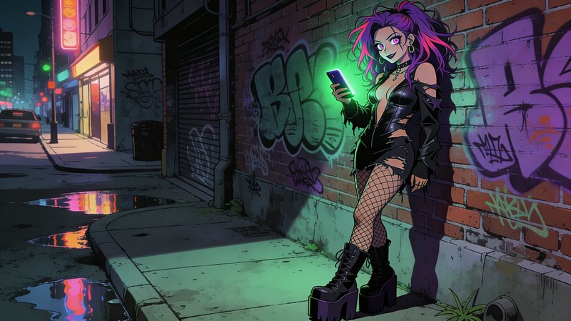 Punk anime girl with purple pink hair holds a glowing smartphone leaning against a graffiti covered city alley wall at night