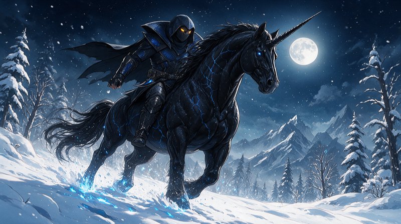 Hooded armored knight rides a glowing black unicorn across snowy mountains under a bright full moon