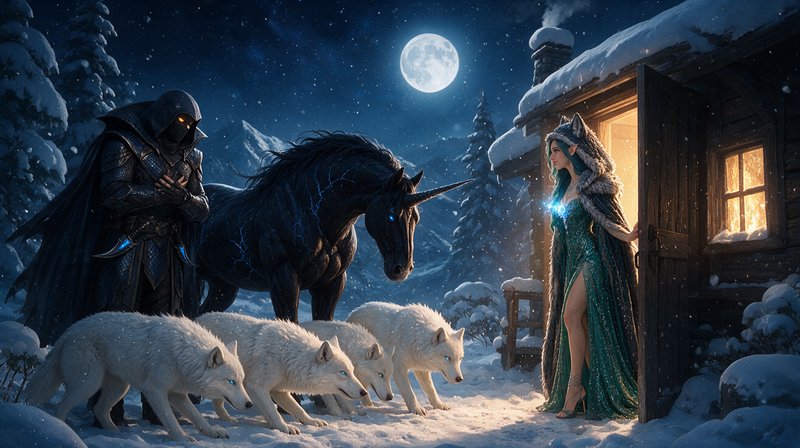 Hooded armored knight, dark unicorn and white wolves meet an elven mage outside a snowy mountain ...