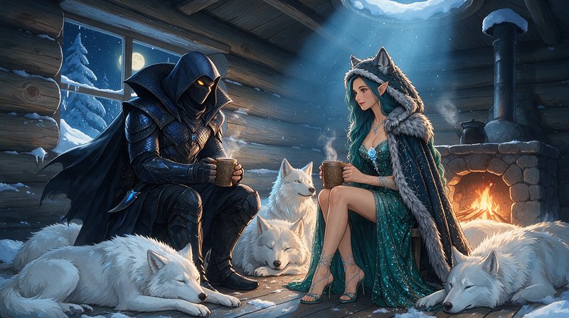 Hooded armored rogue and elven woman sit with white arctic wolves holding hot mugs in a cozy snow...