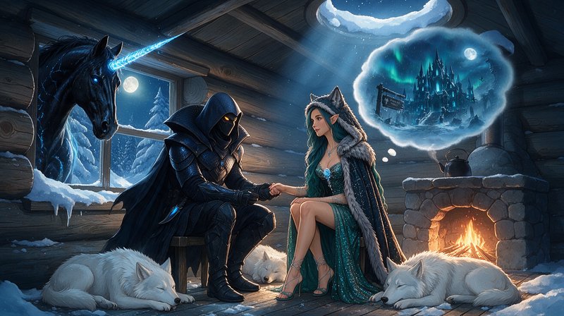 Hooded dark knight holds hands with a teal-haired elf woman inside a cozy snowbound fantasy log c...