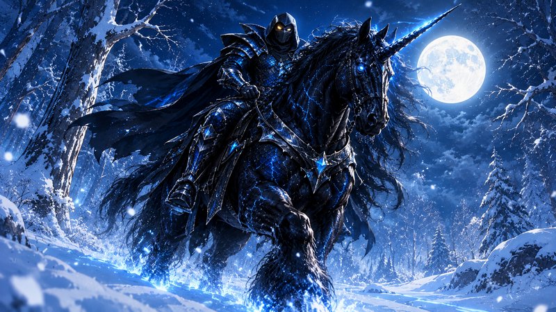 Hooded glowing-eyed dark armored knight rides a magical frost unicorn through a moonlit snowy win...