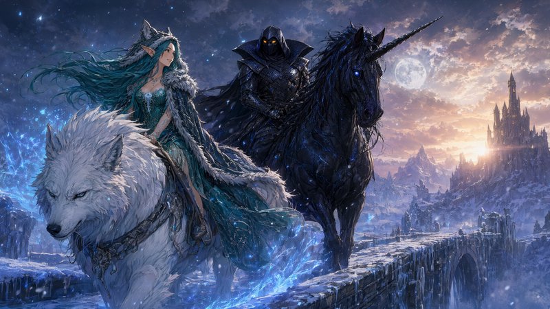 Elven ice queen rides a giant white wolf beside a hooded knight on a dark unicorn crossing a snow...