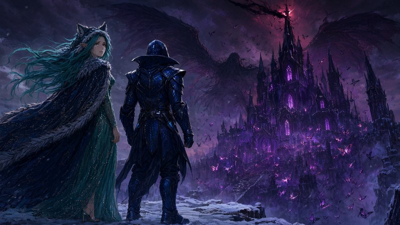 Teal-haired elven fox-eared woman and dark armored knight stand facing a glowing cursed gothic ca...