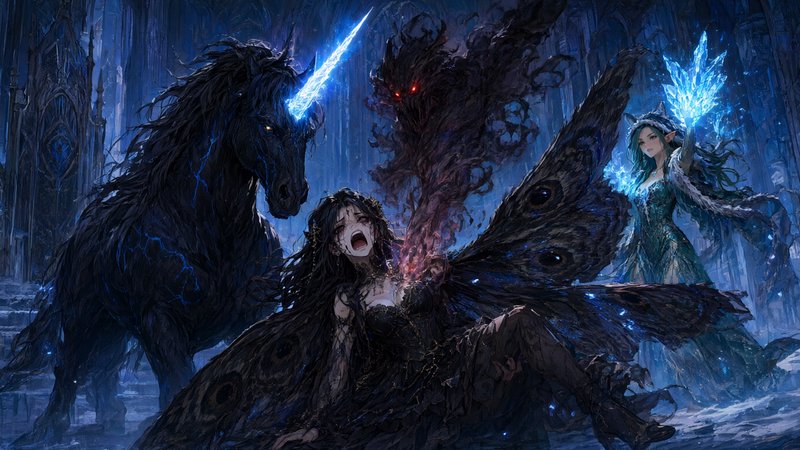 Distressed dark winged fairy flanked by magical companions in a frozen gothic castle chamber