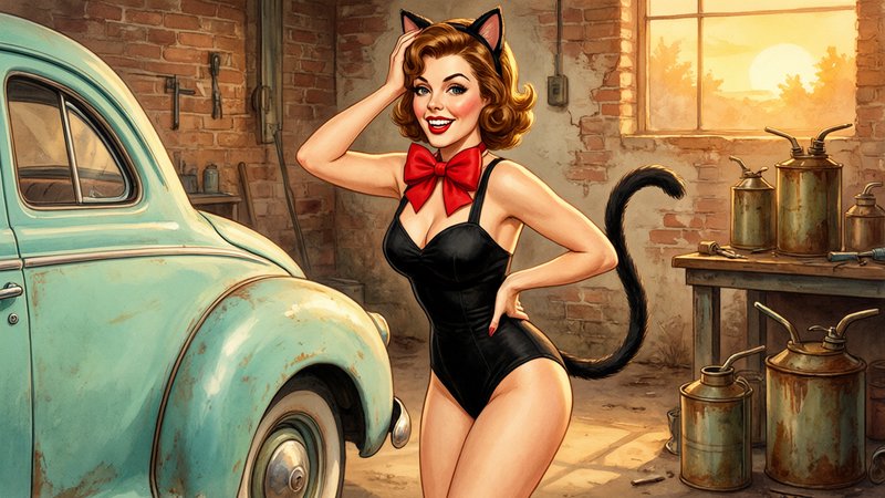 Retro pinup woman in a playful cat costume posing next to a vintage turquoise car in a sunlit garage