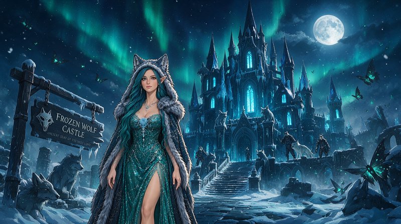 Regal teal-haired elven wolf queen stands before icy Frozen Wolf Castle under green aurora and fu...
