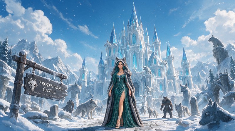 Regal elven ice queen stands before a grand crystalline Frozen Wolf Castle in a snowy mountain wi...